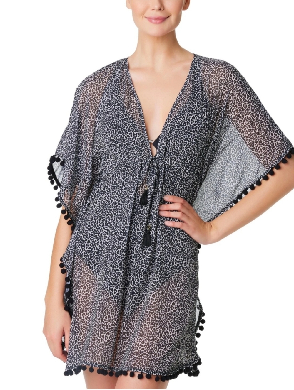Leopard Brown Print Sheer Cover Up with Pom Poms Plus Size 3XL.